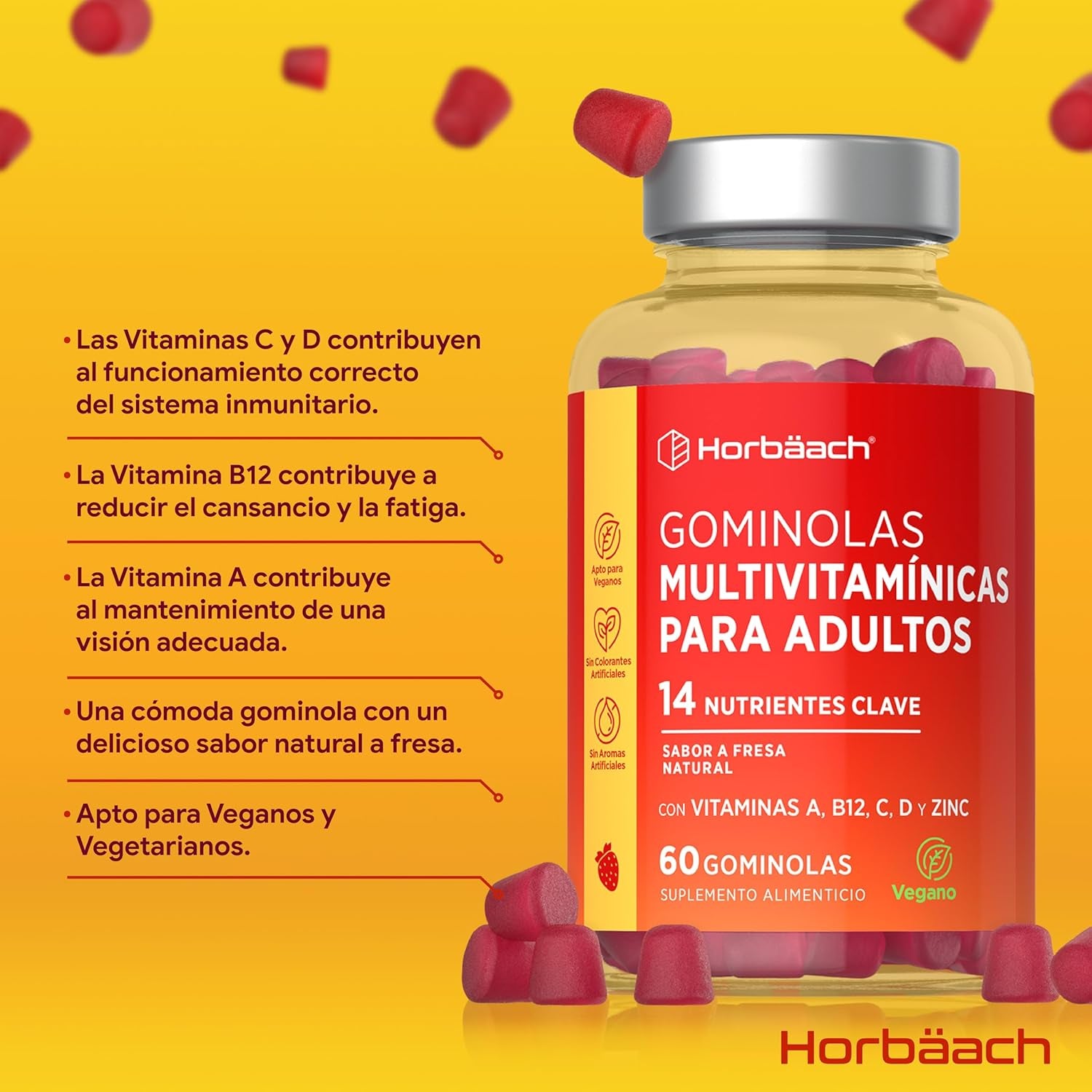 Gominolas Multivitaminas Y Minerales | 14 Multivitaminas Y Minerales Esenciales Como Como Vitamina D, A, C, B6, B12, E, Biotina, Zinc Y Ácido Fólico Y Más | 60 Gummies Sabor Fresa | De Horbaach