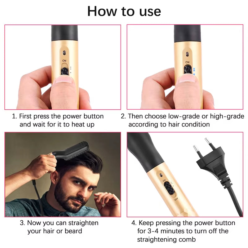 Hot Comb Straightener Electric Negative Ion Heating Comb for Men Beard Hair Straightening Brush Wet Dry Use Quick Hair Styler