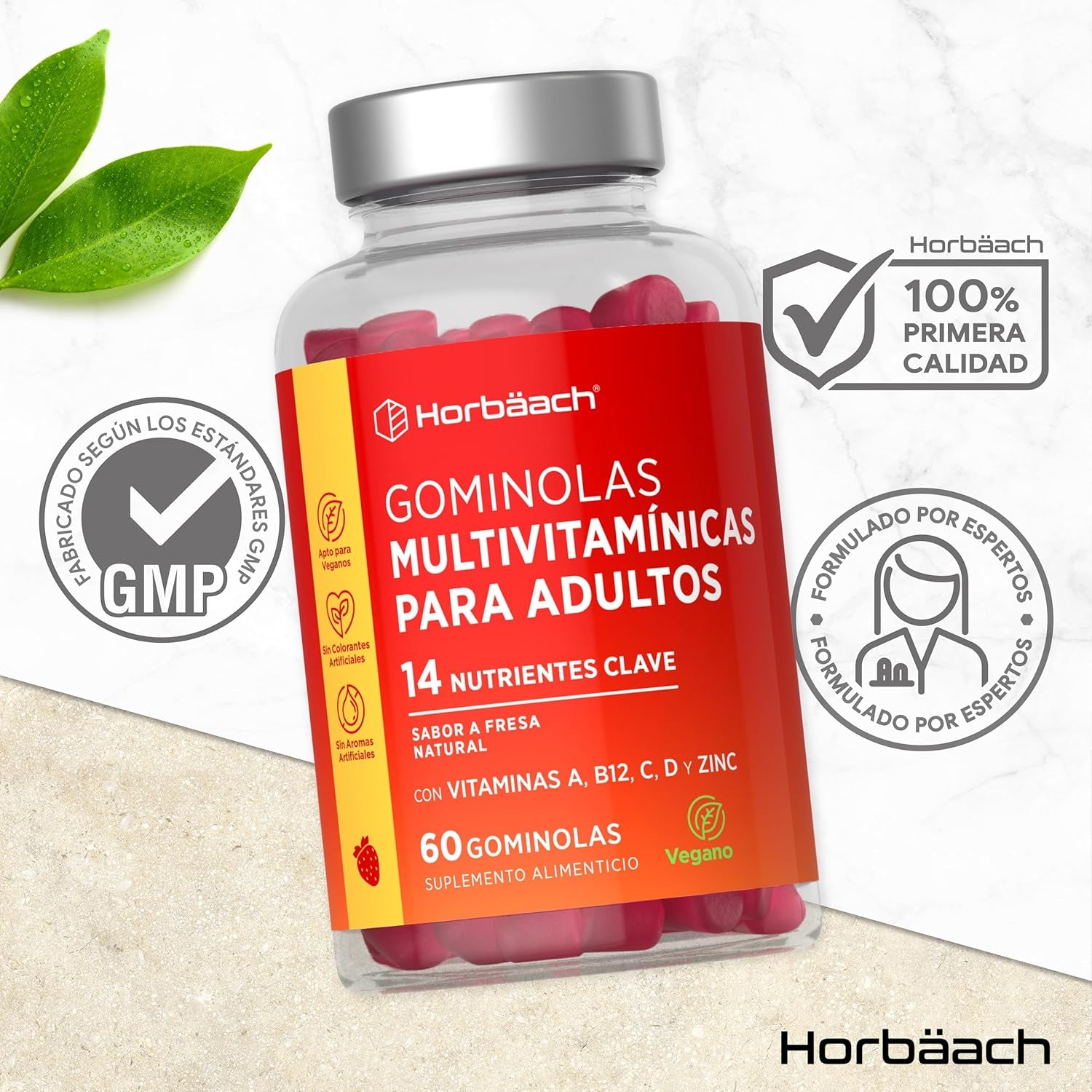 Gominolas Multivitaminas Y Minerales | 14 Multivitaminas Y Minerales Esenciales Como Como Vitamina D, A, C, B6, B12, E, Biotina, Zinc Y Ácido Fólico Y Más | 60 Gummies Sabor Fresa | De Horbaach