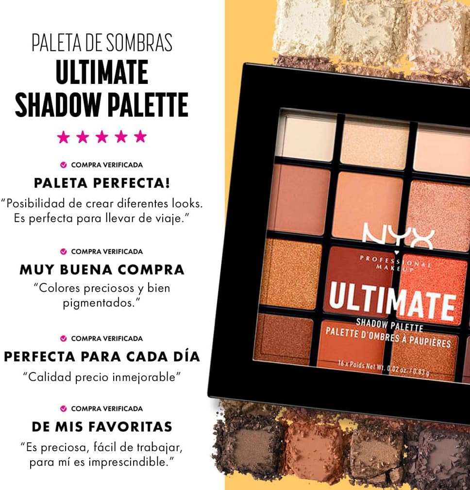 NYX Professional Makeup Paleta De Sombras De Ojos Ultimate Shadow Palette, 16 Sombras Ultra-Pigmentada, Larga Duración, Fórmula Vegana, Warm Neutrals