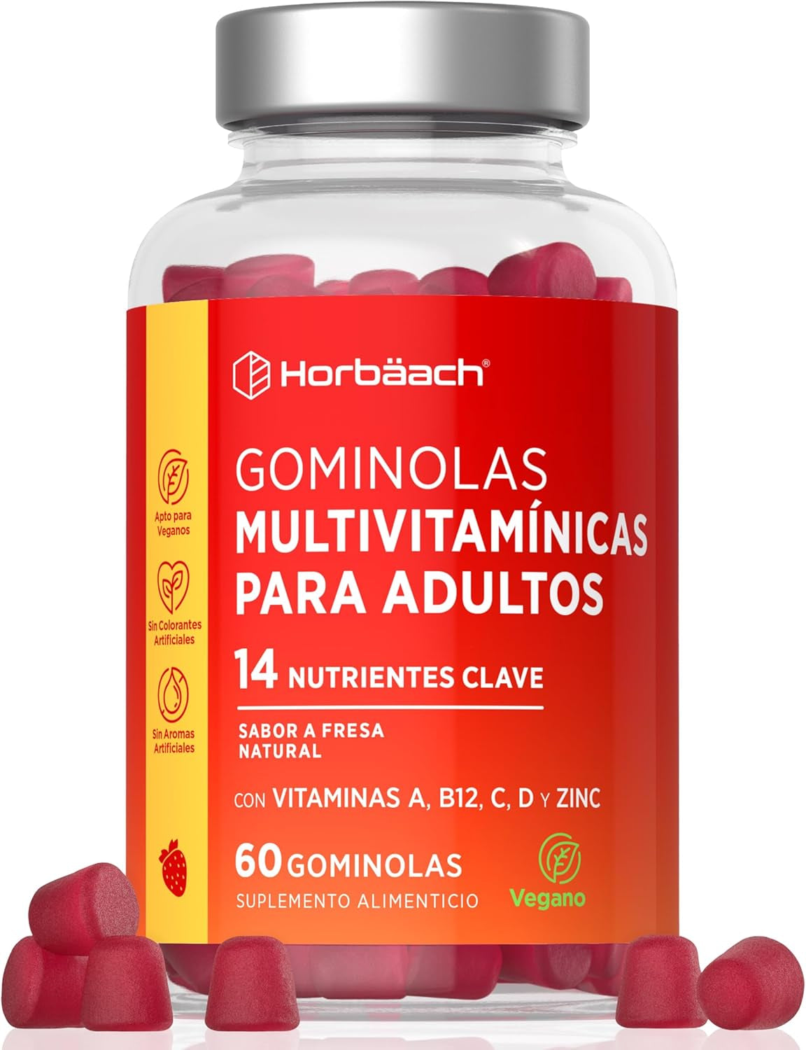 Gominolas Multivitaminas Y Minerales | 14 Multivitaminas Y Minerales Esenciales Como Como Vitamina D, A, C, B6, B12, E, Biotina, Zinc Y Ácido Fólico Y Más | 60 Gummies Sabor Fresa | De Horbaach