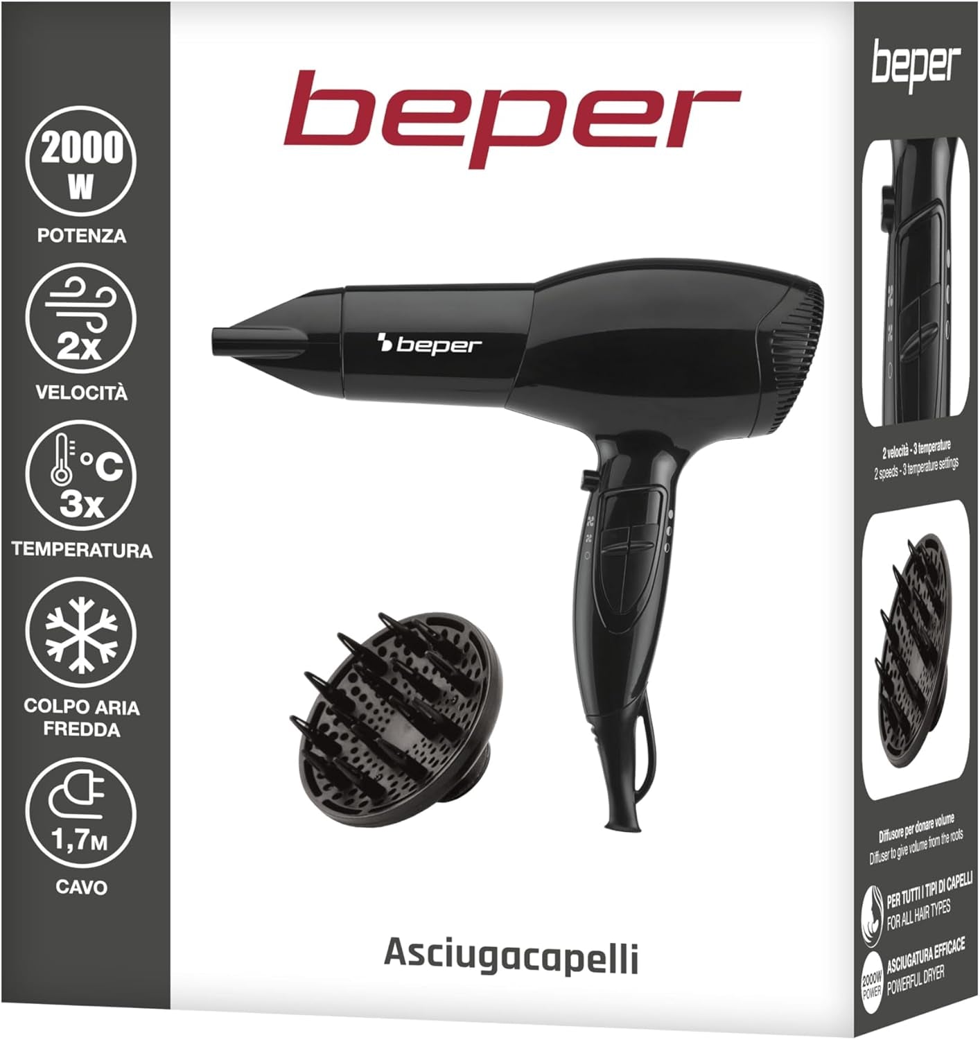 BEPER 40.979 Secador De Pelo De 2000 Vatios, Difusor Y Concentrador Incluidos, Mango Antideslizante, Negro