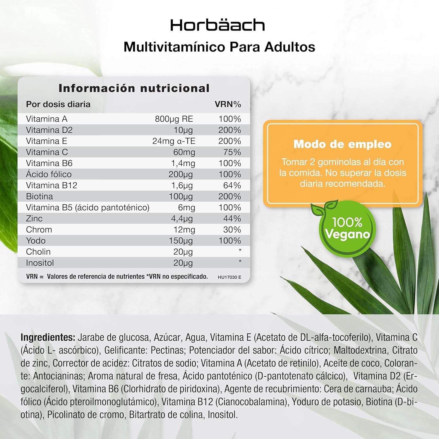 Gominolas Multivitaminas Y Minerales | 14 Multivitaminas Y Minerales Esenciales Como Como Vitamina D, A, C, B6, B12, E, Biotina, Zinc Y Ácido Fólico Y Más | 60 Gummies Sabor Fresa | De Horbaach