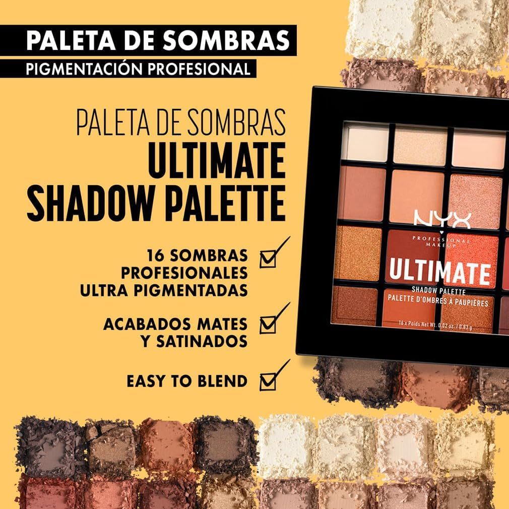 NYX Professional Makeup Paleta De Sombras De Ojos Ultimate Shadow Palette, 16 Sombras Ultra-Pigmentada, Larga Duración, Fórmula Vegana, Warm Neutrals