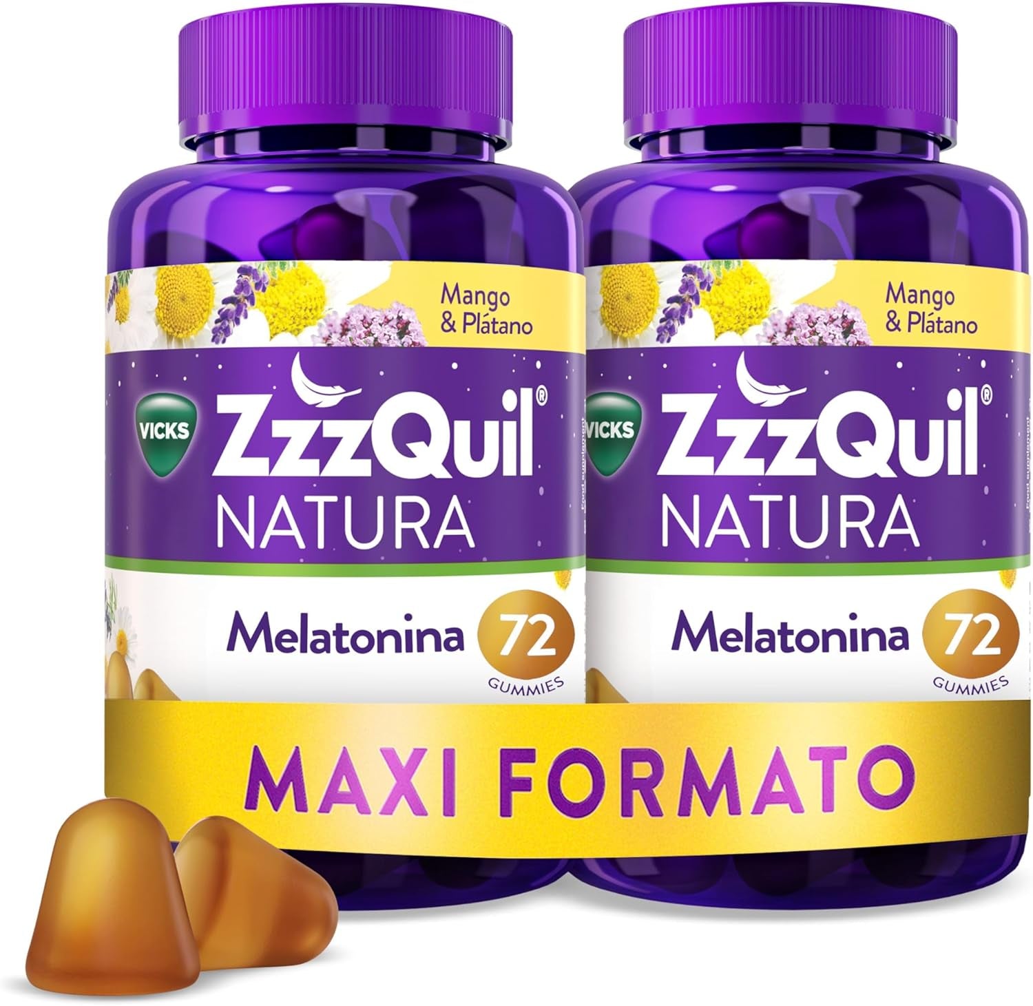 Zzzquil Natura Gummies De Melatonina 1Mg Con Valeriana, Camomila, Vitamina B6 Y Extractos De Plantas, Complemento Alimenticio Para Dormir Sabor Mango Y Plátano, 2X72 Gummies