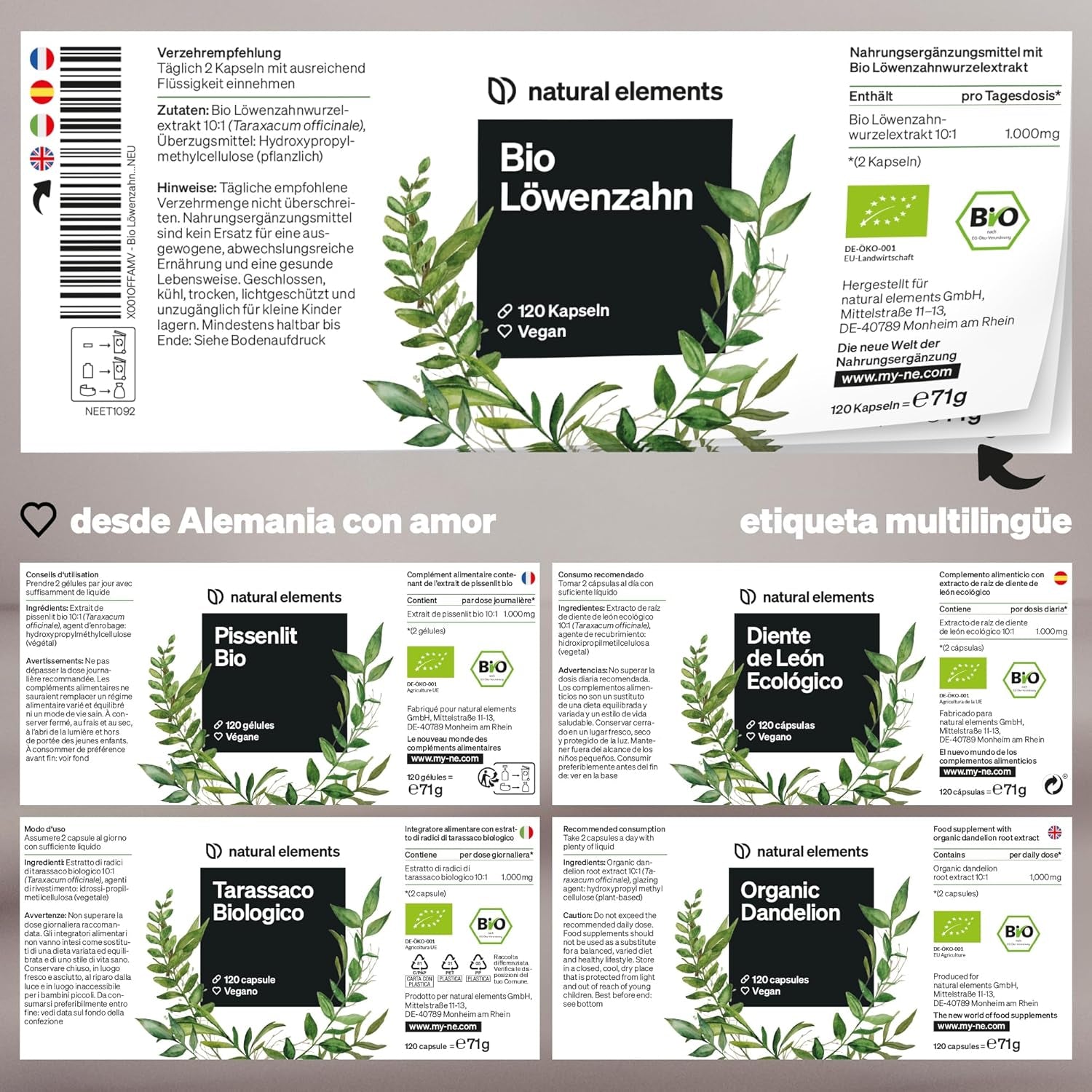 Diente De León Ecológico – 120 Cápsulas – 1.000 Mg De Extracto De Raíz De Diente De León / 2 Cápsulas – Alta Dosificación Con Relación 10 : 1 – Producto Vegano, De Alta Biodisponibilidad