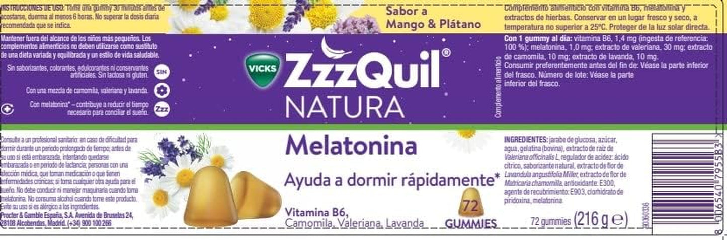 Zzzquil Natura Gummies De Melatonina 1Mg Con Valeriana, Camomila, Vitamina B6 Y Extractos De Plantas, Complemento Alimenticio Para Dormir Sabor Mango Y Plátano, 2X72 Gummies