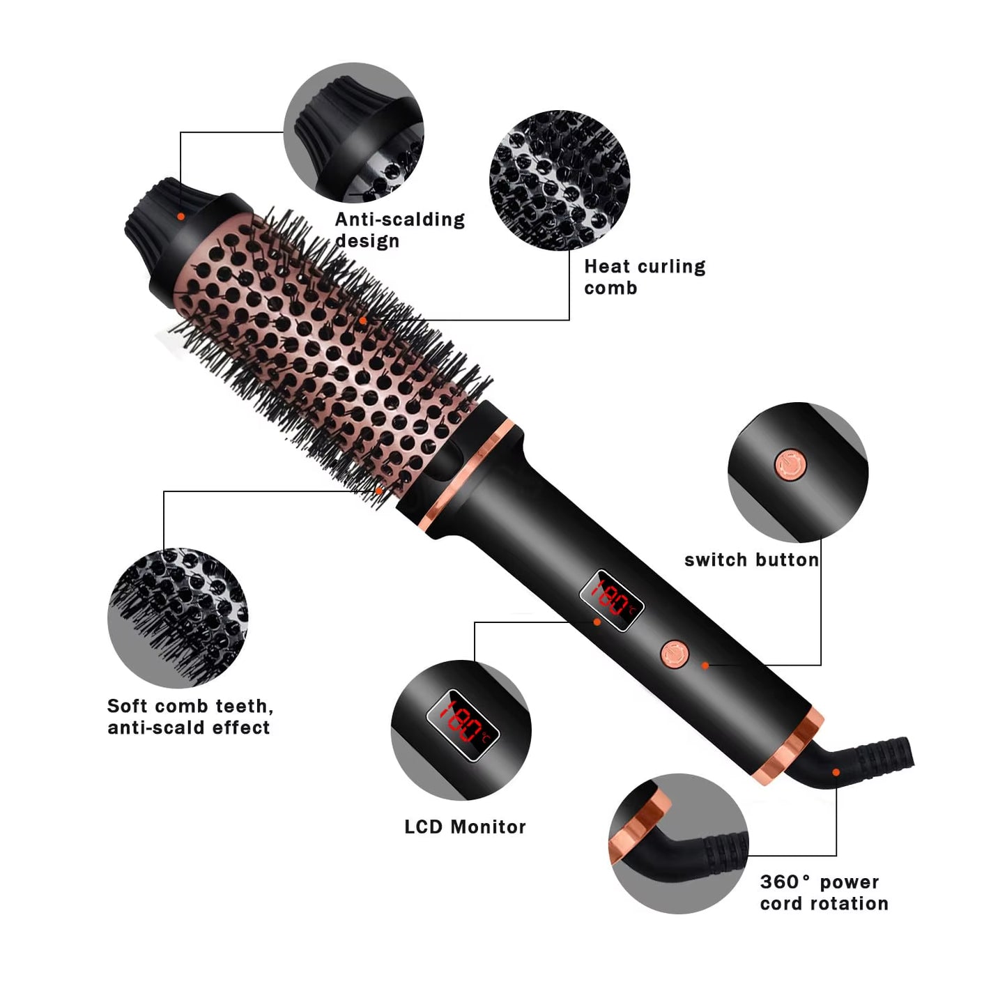 Curling Thermal Brush Hot round Brush Curling Iron Dual Voltage Thermal round Brush Long-Lasting Styling Hair Shinier & Smoother